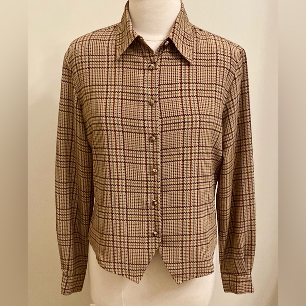 Yves St. Clair Vintage Tan Brown Plaid Long Sleeve Button Down Academia Top 12